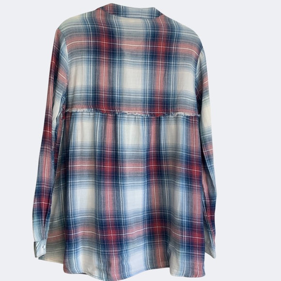 Anthropologie Cloth & Stone Red Blue Cotton Plaid Collarless Button Front Top S - Picture 4 of 13